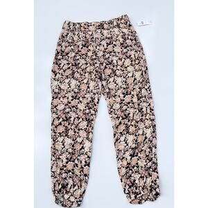 Anthropologie Floral Drawstring Jogger Pants Black Pink Zip Hem Women’s Size 4